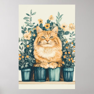 Ginger Tabby Cat Umgeben von blühenden Blume Poster