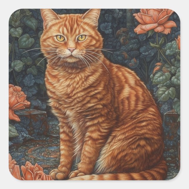 Ginger Tabby Cat und Rose Quadratischer Aufkleber (Vorderseite)