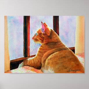 Ginger Tabby on Floral Tableclout Poster
