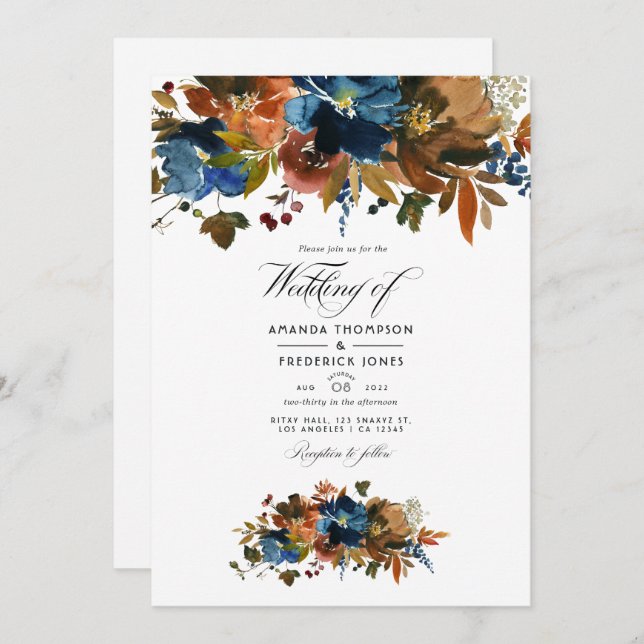 Ginger und Navy Floral Wedding Foto Einladung (Vorne/Hinten)