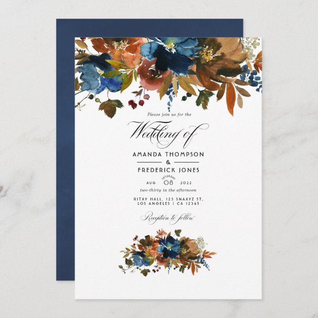 Ginger und Navy Floral Wedding Foto Einladung (Vorne/Hinten)
