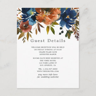 Ginger und Navy Floral Wedding Guest Details Begleitkarte
