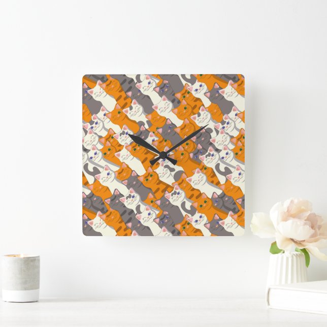Ginger Weiße Katze Diagonalmuster Quadratische Wanduhr (Zuhause)