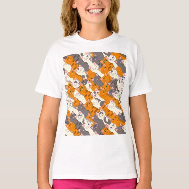 Ginger Weiße Katze Diagonalmuster T-Shirt (Vorderseite)