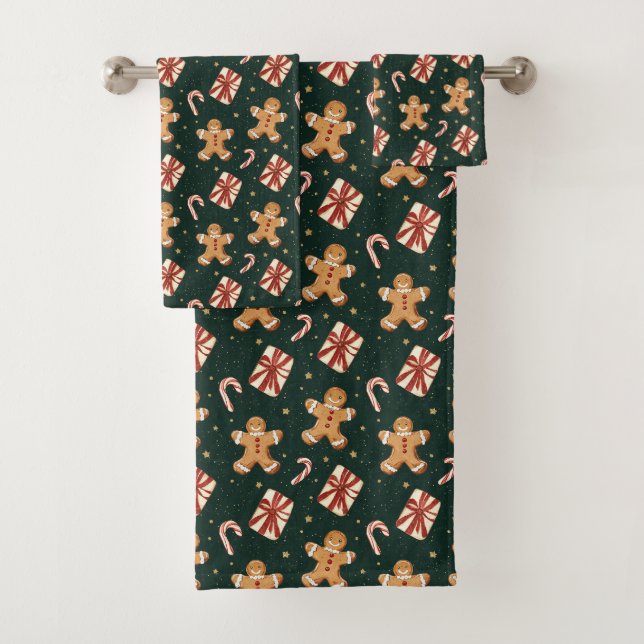 Gingerbread and Peppermint Christmas Pattern Badhandtuch Set (Insitu)