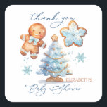 Gingerbread Boy Christmas Tree Baby Dusche Danke Quadratischer Aufkleber<br><div class="desc">Dieses Design zeigt eine Aquarellbilder von Gingerbread Baby Boy,  Gingerbread Weihnachtsbaum und Stern. Die Texte "Danke" und "Babydusche" sind in modernem kalligrafischem Schriftart geschrieben.</div>