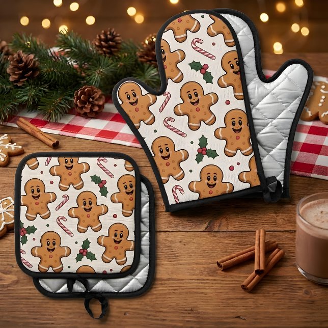 Gingerbread Candy Canes & Holly Sprigs Christmas Ofenhandschuh & Topflappen-Set (Gingerbread Men Candy Canes and Holly Sprigs on a White Background Christmas Oven Mitt & Pot Holder )