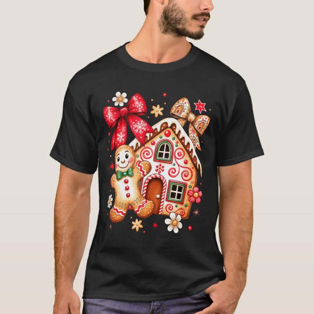 Gingerbread Christmas Bow Christmas House Retro Co T-Shirt (Vorderseite)
