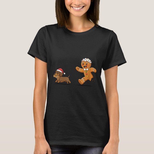 Gingerbread Cookie Chasing Dachshund Christmas Dog T-Shirt (Vorderseite)