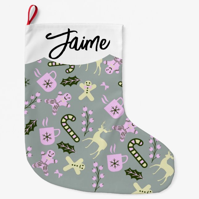 Gingerbread Deer Candycane Grüne Weihnachten Großer Weihnachtsstrumpf (Vorderseite)