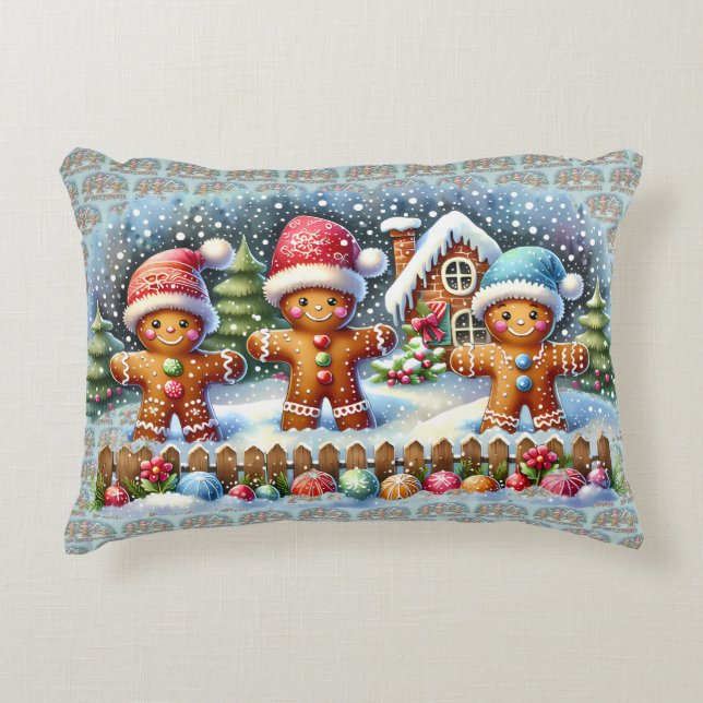 Gingerbread Family Snowy Christmas Scene Dekokissen (Vorderseite)