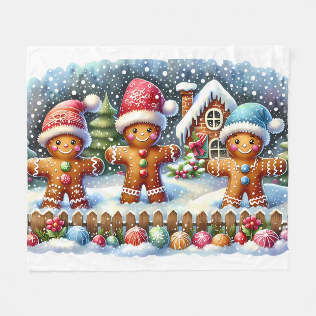 Gingerbread Family Snowy Christmas Scene Fleecedecke (Vorderseite (Horizontal))