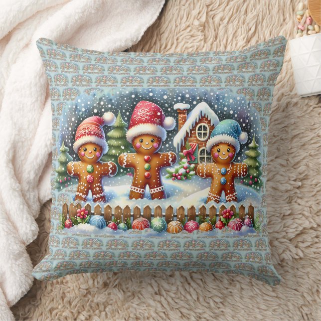 Gingerbread Family Snowy Christmas Scene Kissen (Decke)