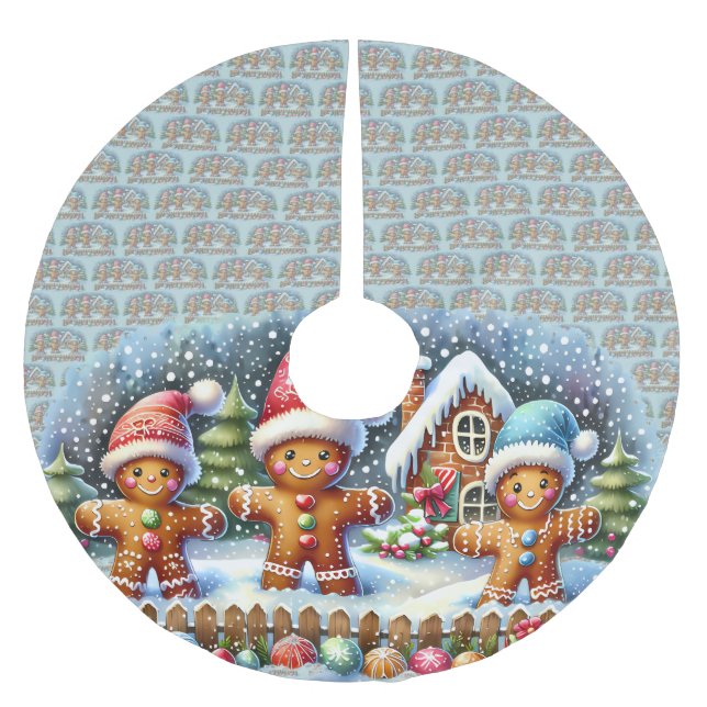 Gingerbread Family Snowy Christmas Scene Polyester Weihnachtsbaumdecke (Vorderseite)