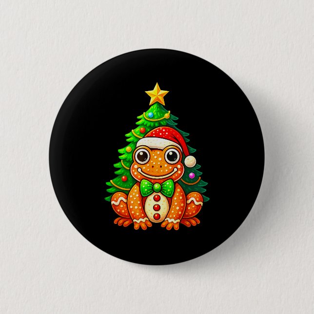 Gingerbread Frog Wearing Santa Hat Christmas Tree  Button (Vorderseite)