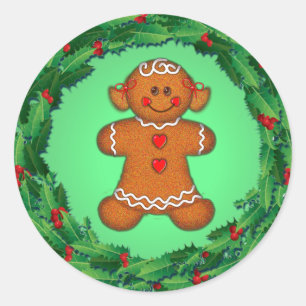 GINGERBREAD GIRL & HOLLY WREATH by SHARON SHARPE Runder Aufkleber