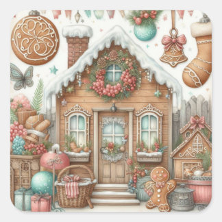 Gingerbread House & Cookies Quadratischer Aufkleber