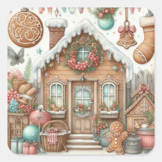Gingerbread House & Cookies Quadratischer Aufkleber (Vorderseite)
