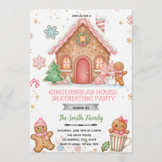 Gingerbread House Decorating pink theme Invitation Einladung (Vorderseite)
