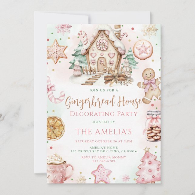 Gingerbread House Dekorieren Weihnachtsgebäck Part Einladung (Vorderseite)