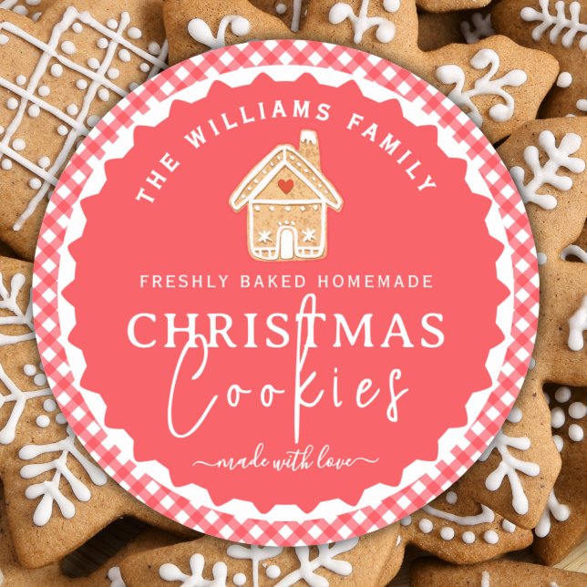 Gingerbread house Gingham Christmas Cookies Label Runder Aufkleber (Von Creator hochgeladen)