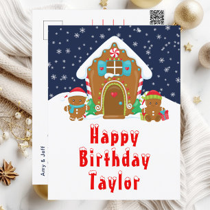Gingerbread House Red and Navy Happy Birthday Postkarte
