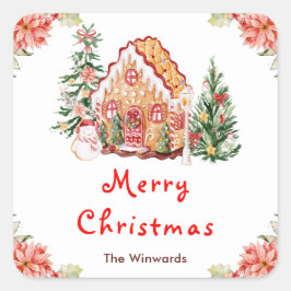 Gingerbread House Red Merry Christmas Quadratischer Aufkleber