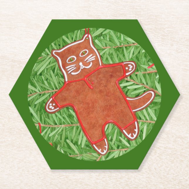 GINGERBREAD KITTY Hexagon Paper Untersetzer / Gree (Vorderseite)