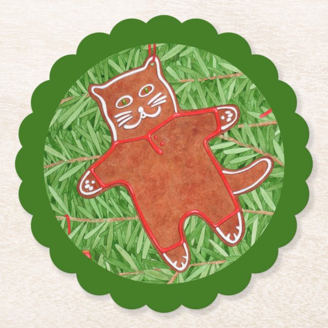 GINGERBREAD KITTY Scallout Runde Untersetzer / Grü (Vorderseite)