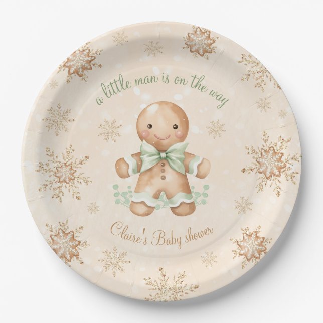 Gingerbread Little Man Green Christmas Baby Dusche Pappteller (Vorderseite)