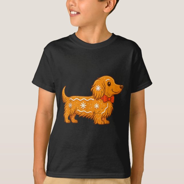 Gingerbread Long Hair Dachshund Christmas Pajama T T-Shirt (Vorderseite)