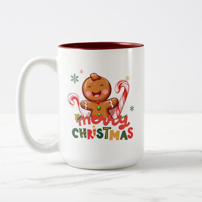 Gingerbread Man and Candy Cane Weihnachten Zweifarbige Tasse (Links)