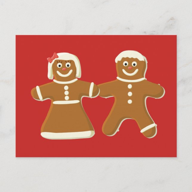 Gingerbread Man and Woman on Red Postkarte (Vorderseite)