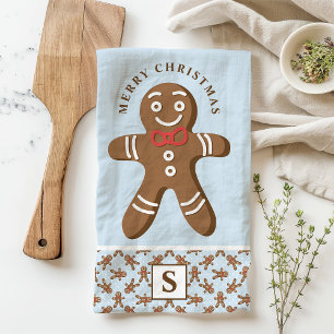 Gingerbread Man Blue Monogram Frohe Weihnachten Geschirrtuch