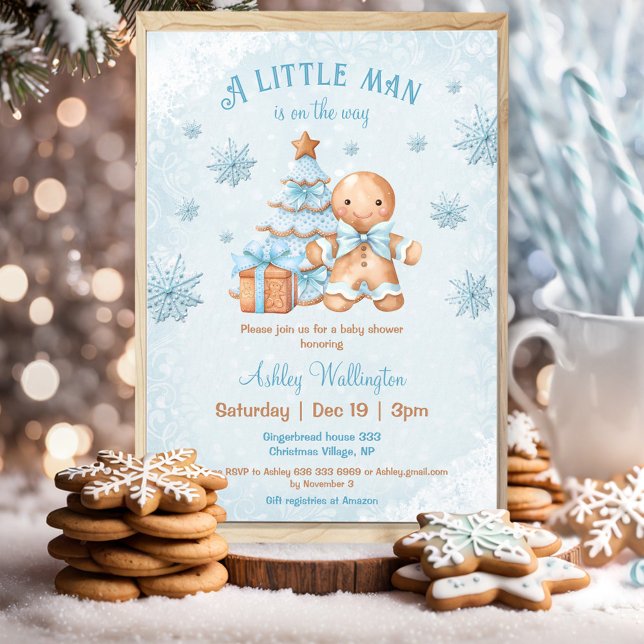 Gingerbread Man Boy Blue Weihnachtsdusche Einladung (Gingerbread Man Boy Blue Christmas Baby Shower Invitation)