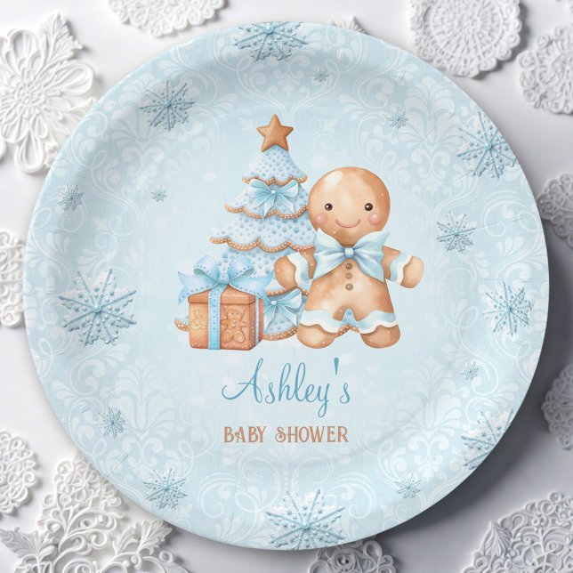 Gingerbread Man Boy Blue Weihnachtsdusche Pappteller (Gingerbread Man Boy Blue Christmas Baby Shower Paper Plates)