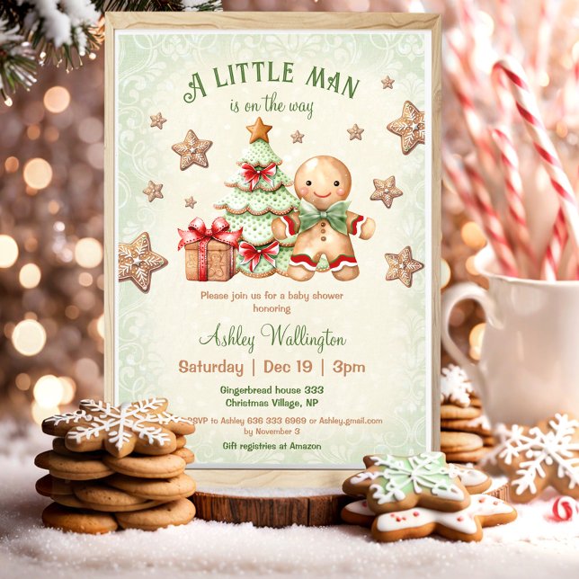 Gingerbread Man Boy Classic Weihnachtsdusche Einladung (Gingerbread Man Boy Classic Christmas Baby Shower Invitation)