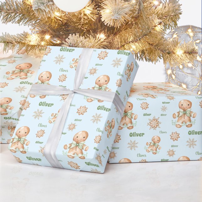 Gingerbread Man Boy Name Blue Green Christmas Geschenkpapier (Gingerbread Man Boy Name Blue Green Christmas Wrapping Paper)