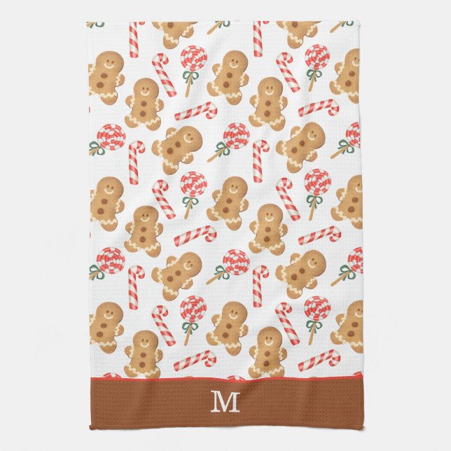 Gingerbread Man Candy Cane Monogram Geschirrtuch (Vertikal)