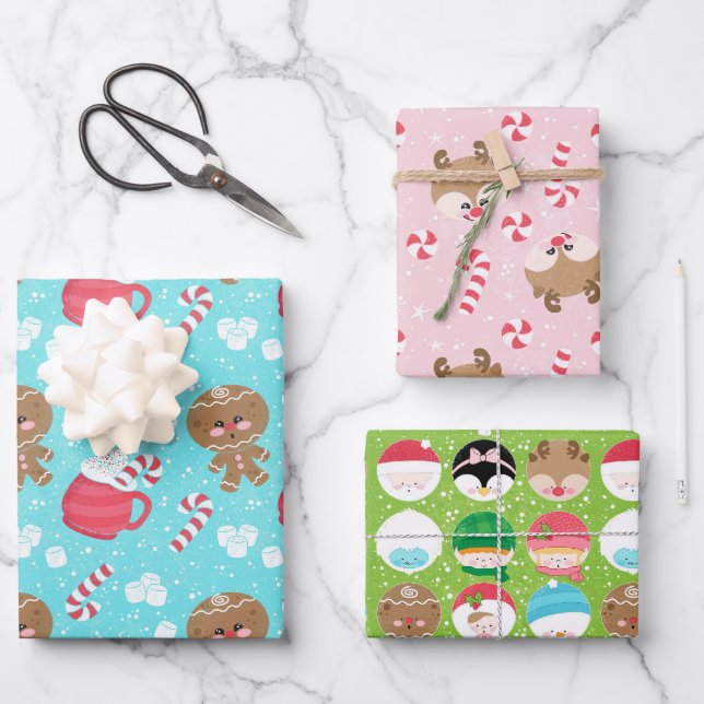 Gingerbread Man, Candy Cane Reindeer & Christmas Geschenkpapier Set (Vorderseite)