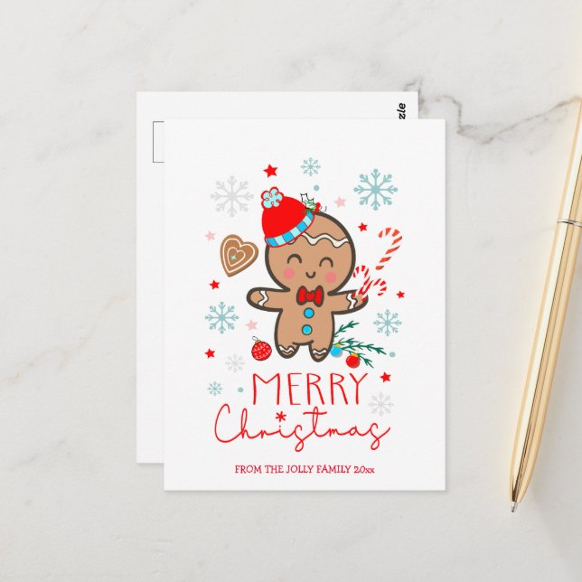 Gingerbread Man Cookie Snowflakes Frohe Weihnachte Postkarte (Vorderseite/Rückseite Beispiel)