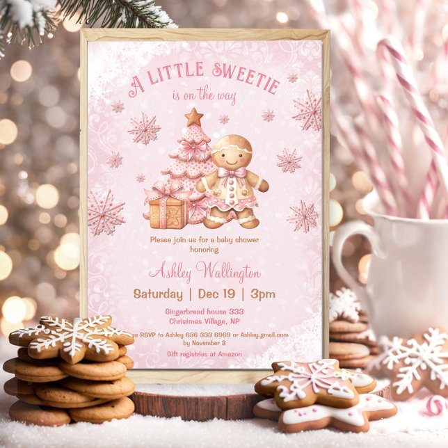 Gingerbread Man Girl Pink Weihnachtsdusche Einladung (Gingerbread Man Girl Pink Christmas Baby Shower Invitation)