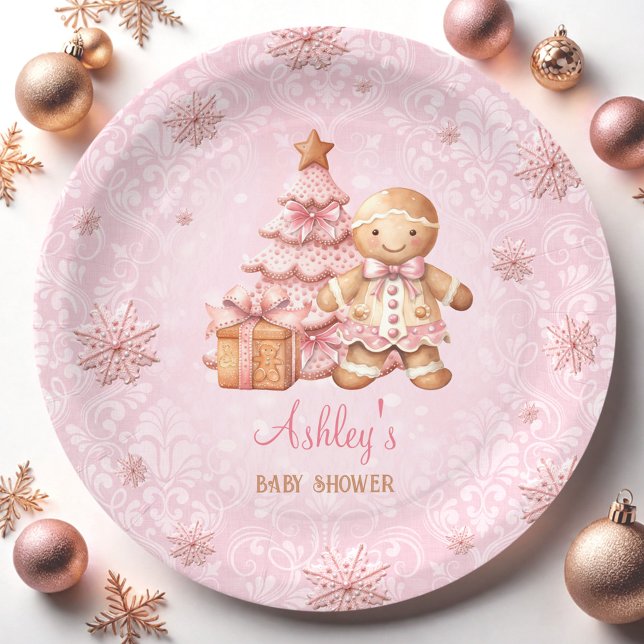 Gingerbread Man Girl Pink Weihnachtsdusche Pappteller (Gingerbread Man Girl Pink Christmas Baby Shower Paper Plates)
