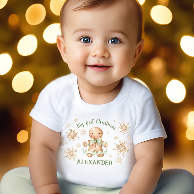 Gingerbread Man Green Beige Erste Weihnacht Baby T-shirt (Gingerbread Man Green Beige First Christmas Baby T-Shirt)