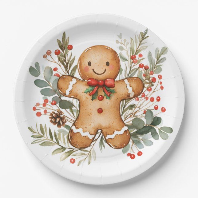 Gingerbread Man Greenery Christmas Paper Plate Pappteller (Vorderseite)