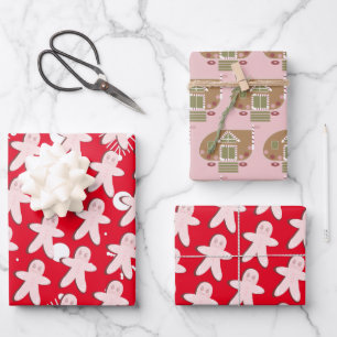 Gingerbread Man Haus Weihnachten Schneeflocken Rot Geschenkpapier Set