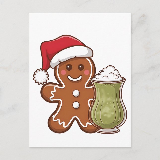 Gingerbread Man Holding Matcha Drink Weihnachten Ankündigungspostkarte (Vorderseite)