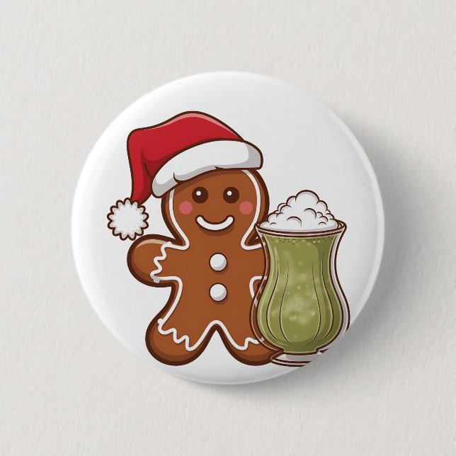 Gingerbread Man Holding Matcha Drink Weihnachten Button (Vorderseite)