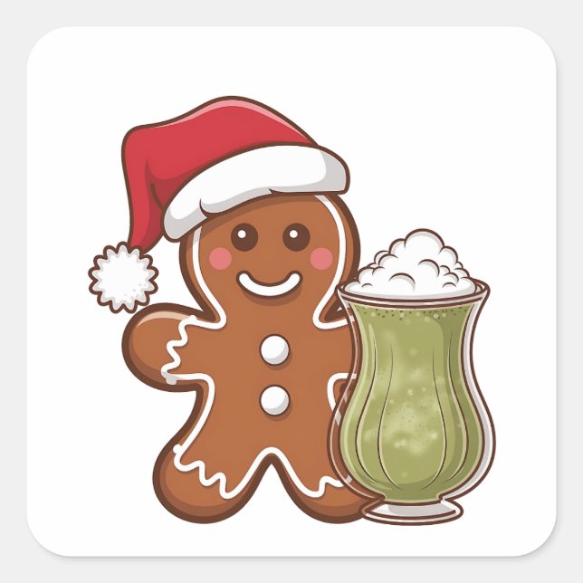 Gingerbread Man Holding Matcha Drink Weihnachten Quadratischer Aufkleber (Vorderseite)