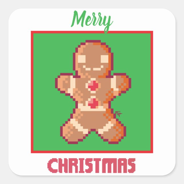 GingerBread Man, Merry Christmas pixel art Quadratischer Aufkleber (Vorderseite)